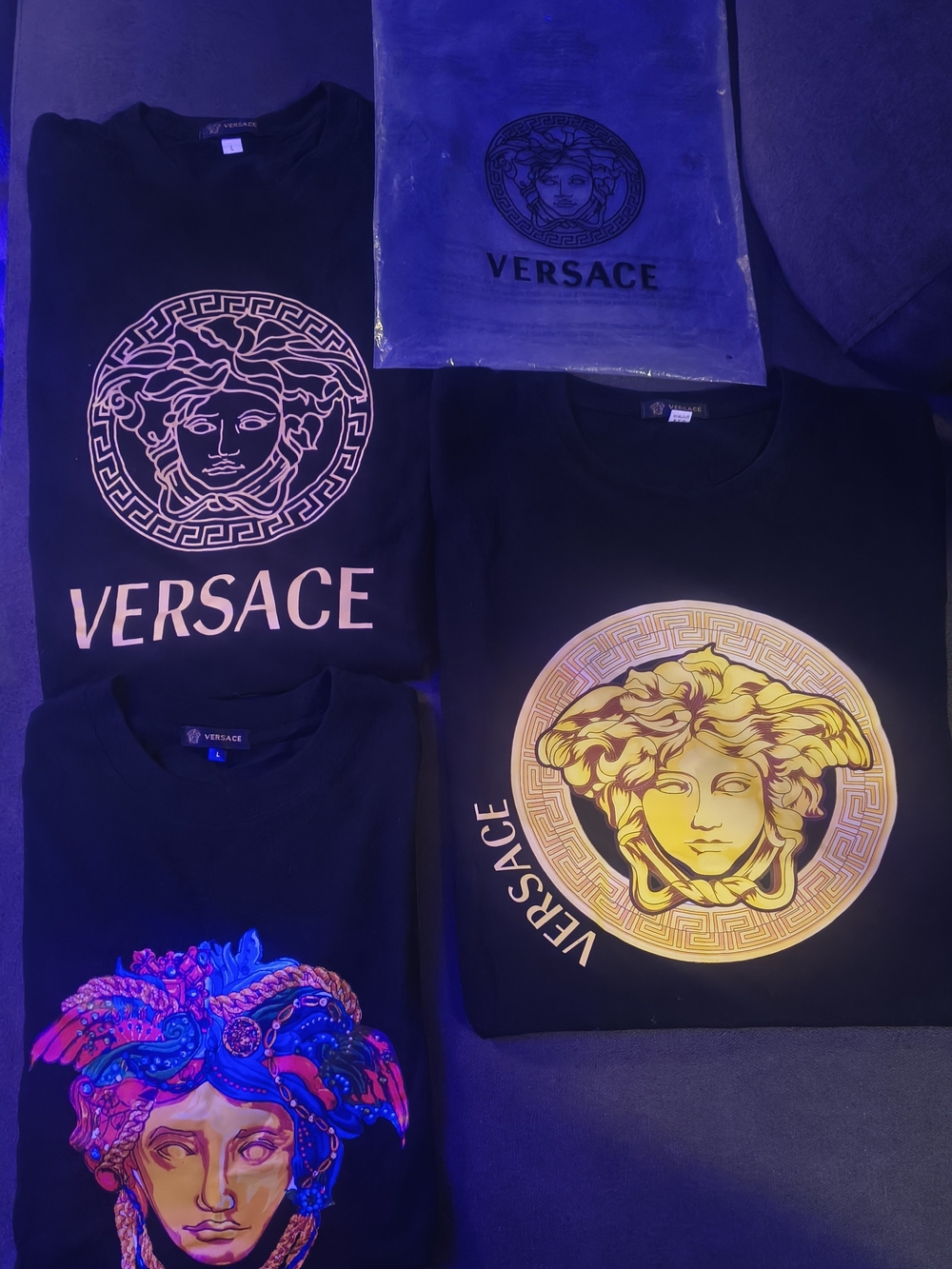 3 Versace Men's Black Tees with Gold Medusa Graphics Bundle